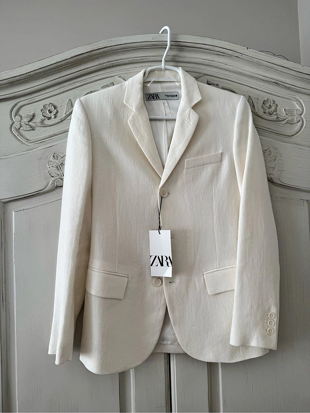 Zara Textured Linen Blend Blazer in Off White Size XS NWT